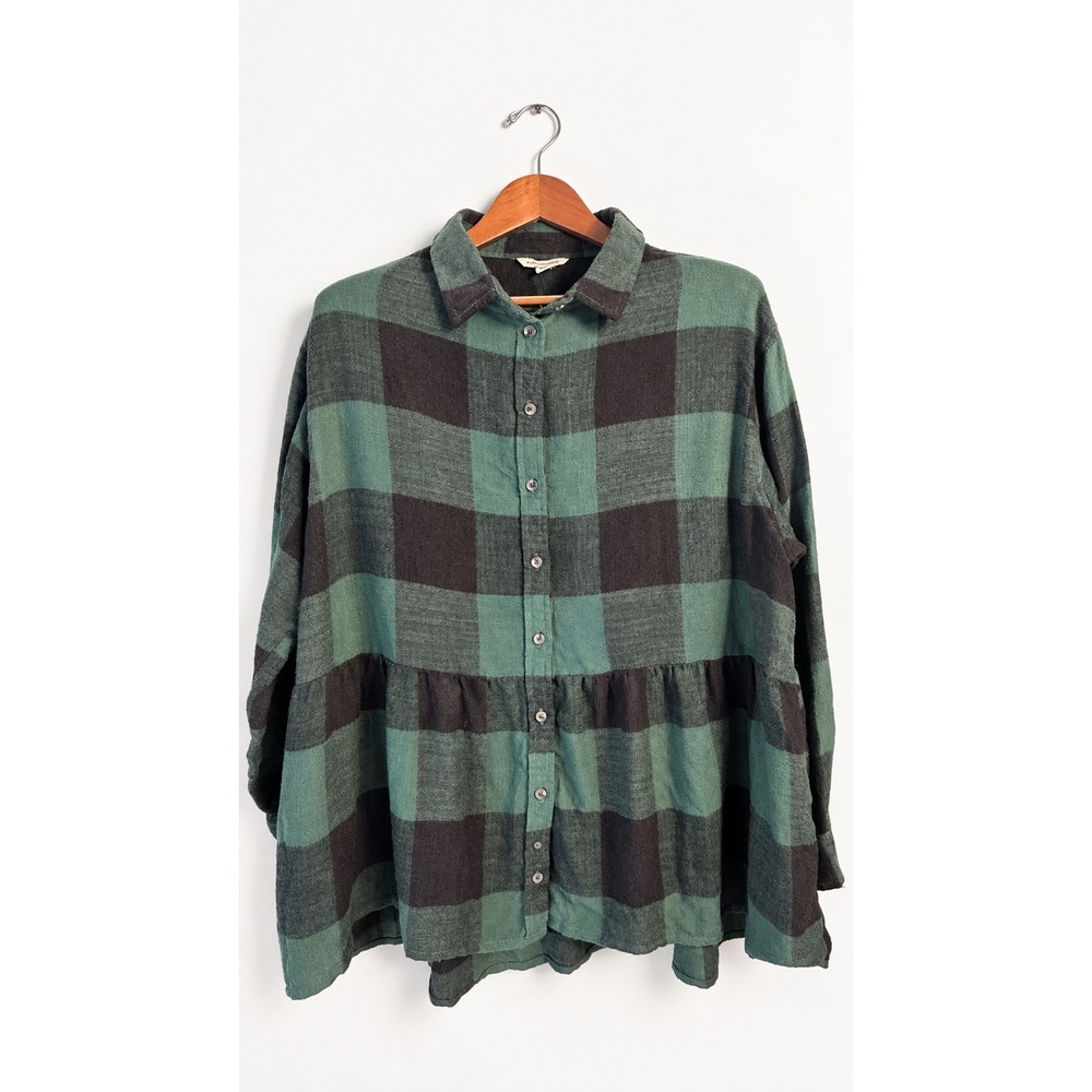 American Eagle Women's L Plaid Babydoll Tunic Blouse Green Brown Button Front